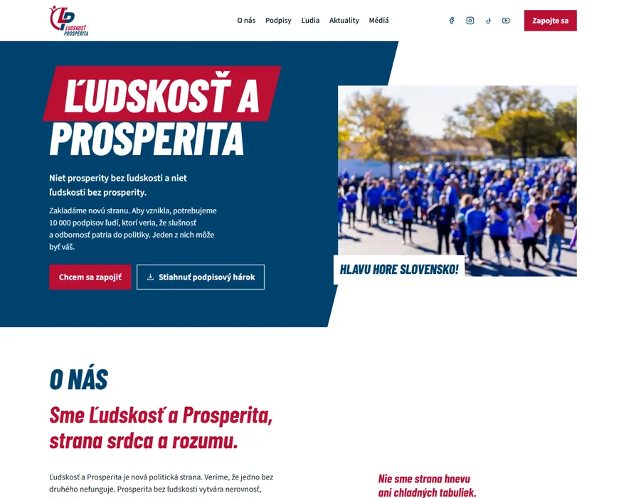 Homepage of the party Ľudskosť a prosperita